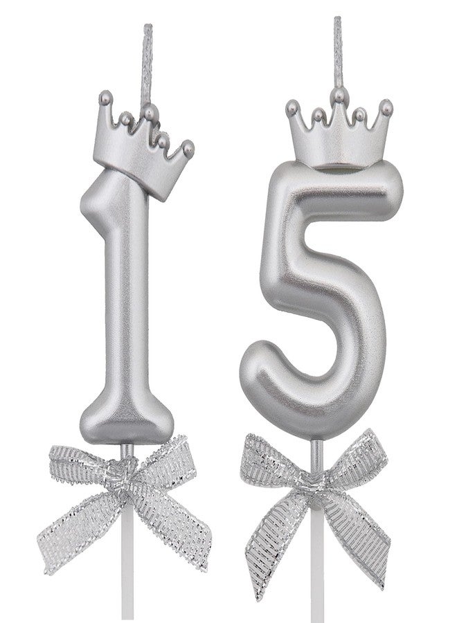 VSHILI 15 Birthday Candles, 15th Cake Candles, Silver Happy Birthday Number 15 Candles Cake Topper Decorations for Party Kids Boys Girls - Image 1